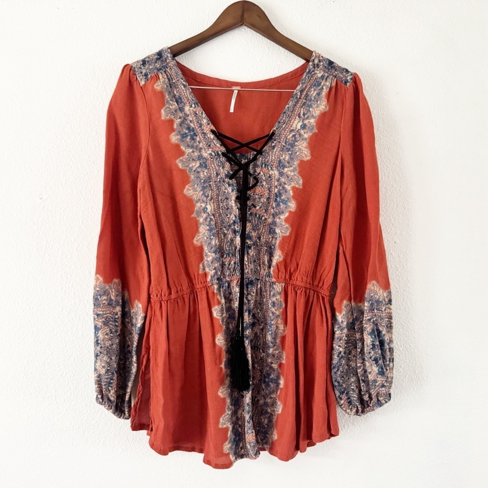 Free People Wildest Moment Rust Paisley Lace-Up Tunic Large Boho Romantic - Picture 2 of 16